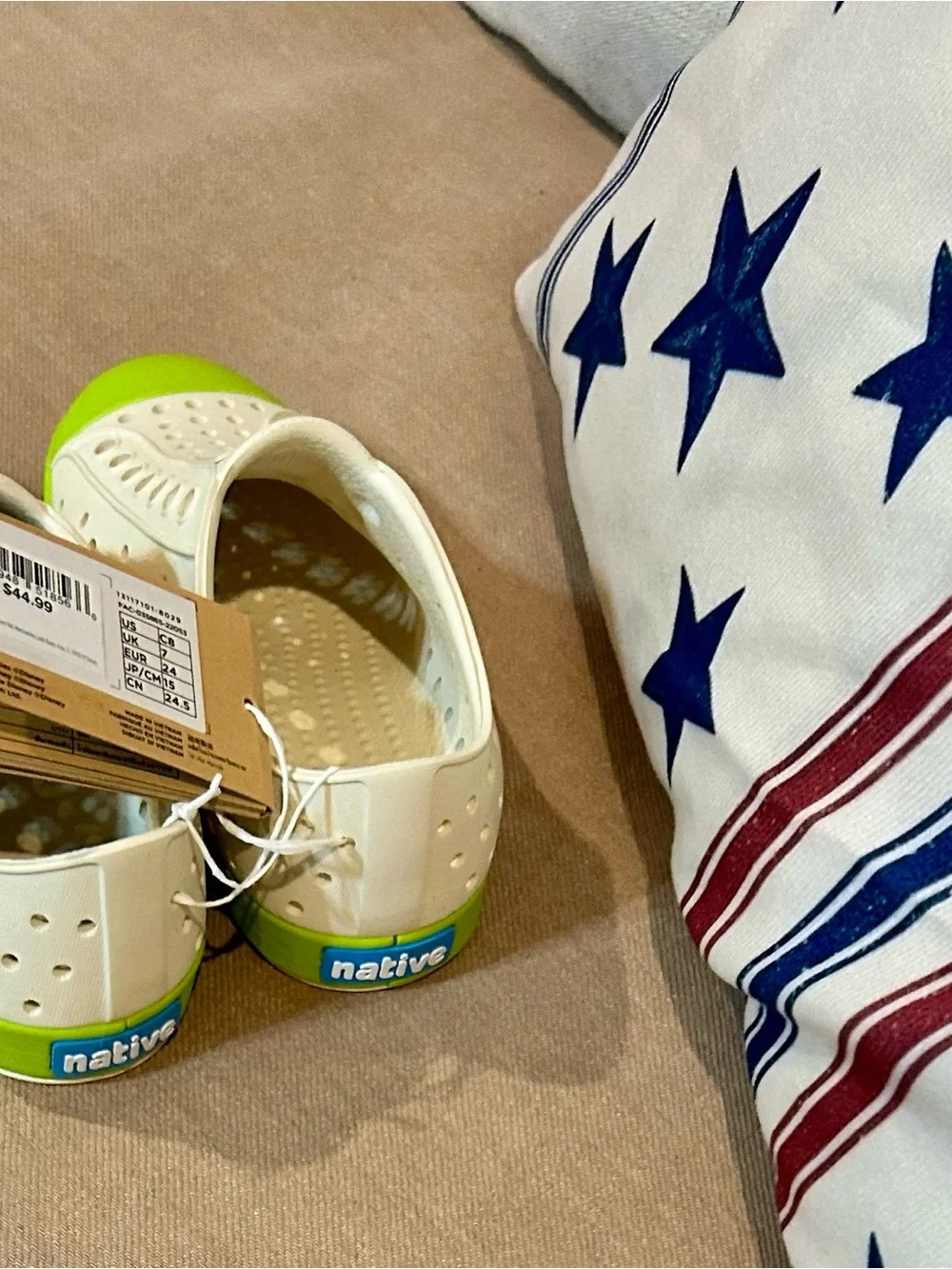 Native Kids White Slip-On Water Shoes with Green Accent and Character